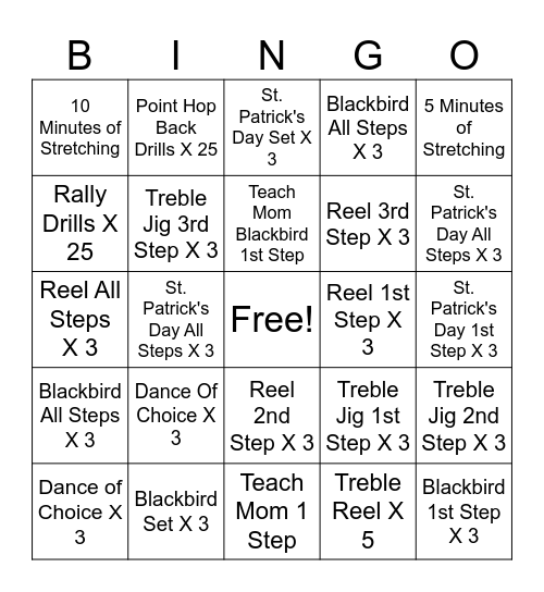Cormac's Dance Practice Bingo Card