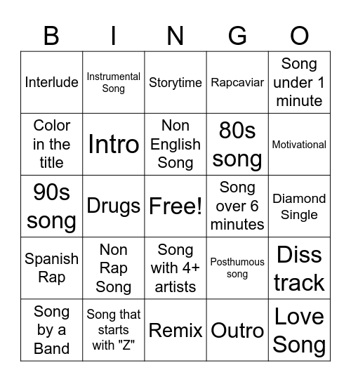 Song Bingo Card