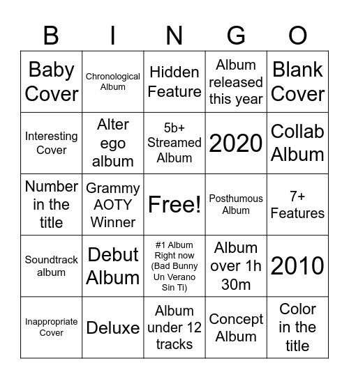 Album Bingo Card