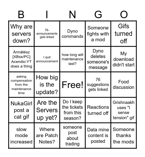 Fall out 76 discord update Bingo Card