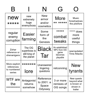 Xenoblade X New Content Bingo Card