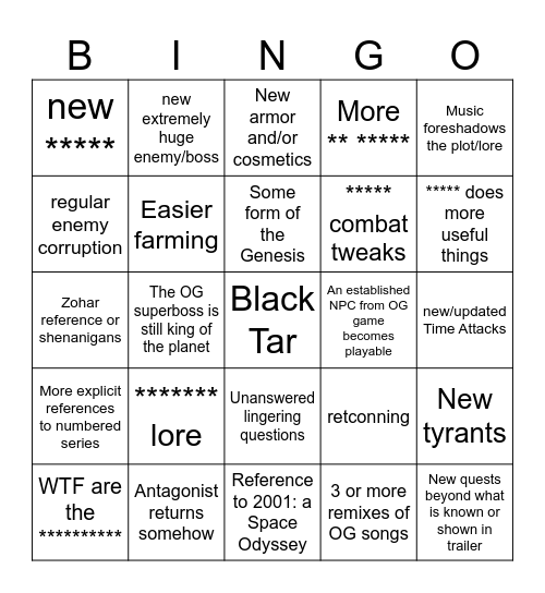 Xenoblade X New Content Bingo Card