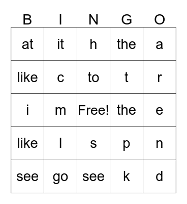 Kindergarten Sounds and Sight Words Bingo Card