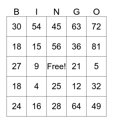Multiplication Bingo Card