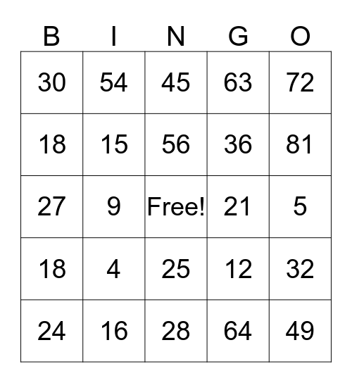Multiplication Bingo Card