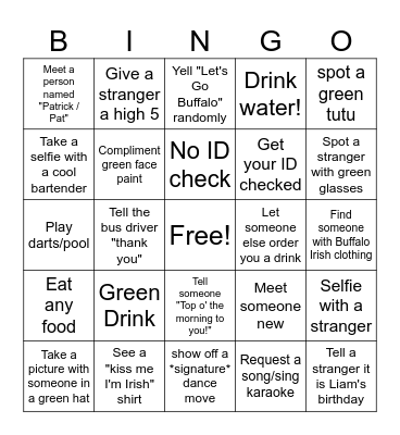 Irish Bar Crawl Bingo Card