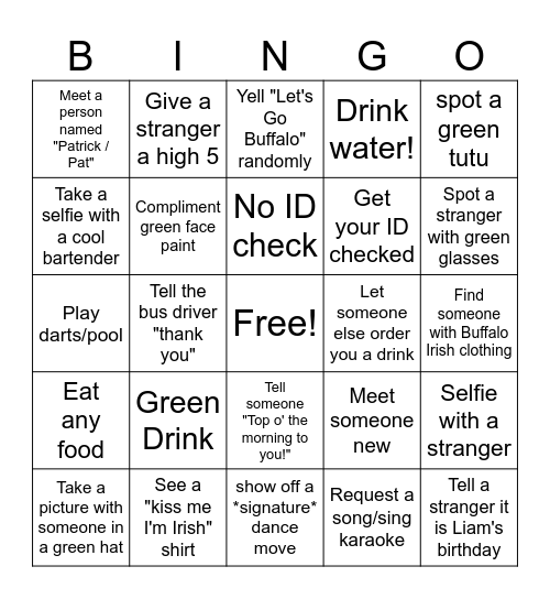Irish Bar Crawl Bingo Card