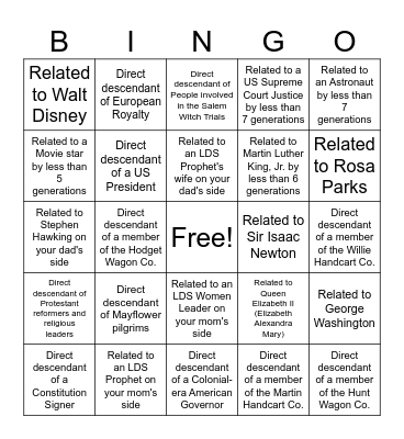 Relative Finder Bingo Card