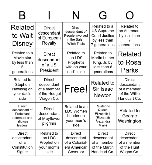 Relative Finder Bingo Card