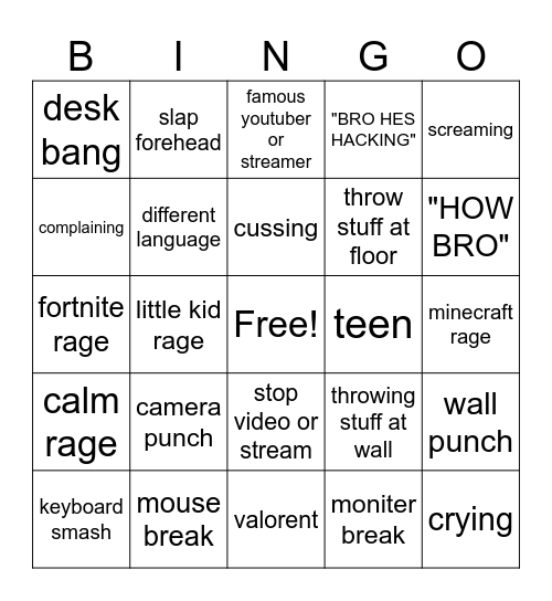 gamer rage Bingo Card