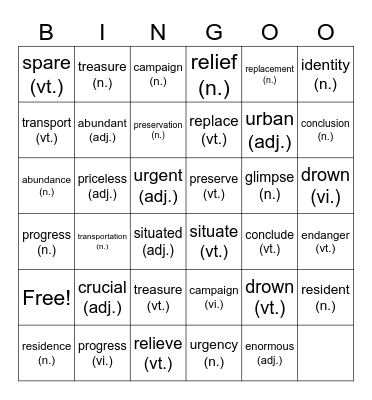 Unit 3 Vocabulary Bingo Card