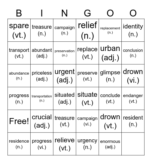 Unit 3 Vocabulary Bingo Card