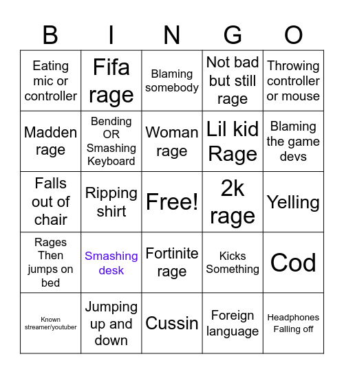 gamer rage bingo Card