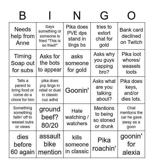 Pikaboo Stream Bingo Card