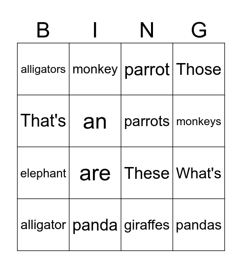 Animals in the Zoo Bingo Card