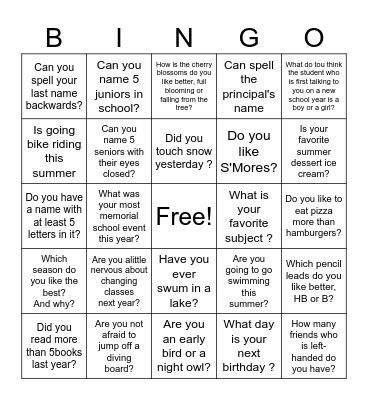 End of School Year Bingo Card