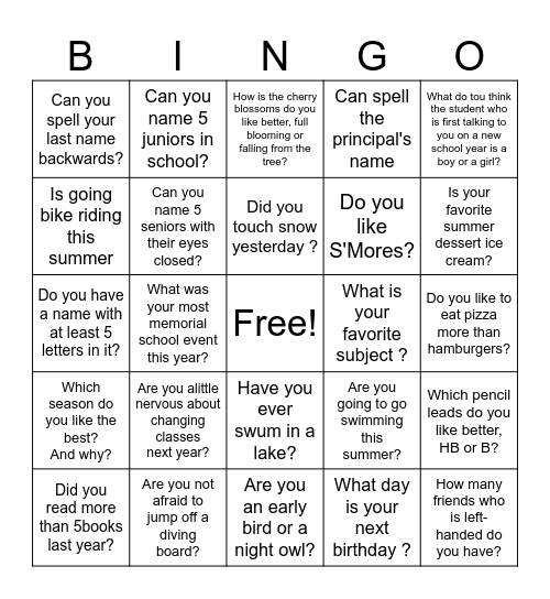 End of School Year Bingo Card