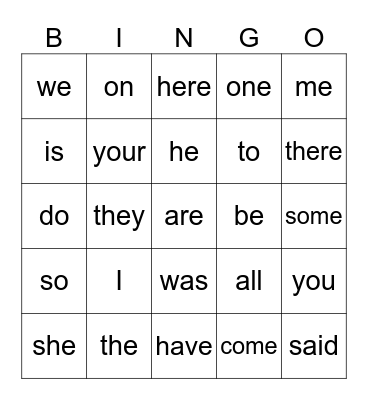 Sight Words Bingo Card