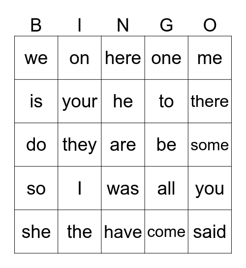 Sight Words Bingo Card