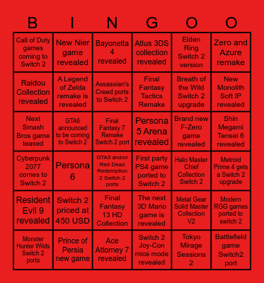 Nintendo Switch 2 Direct Bingo Card