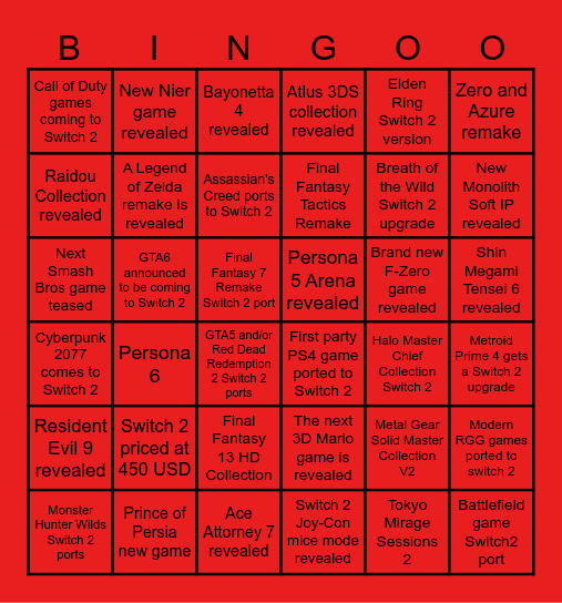 Nintendo Switch 2 Direct Bingo Card