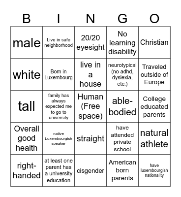 Privilege Bingo Card
