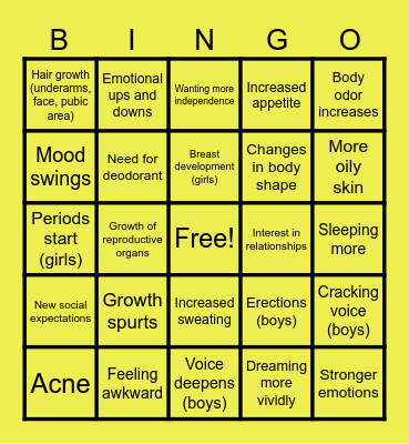PUBERTY BINGO Card