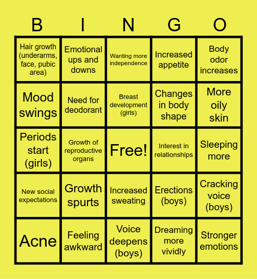 PUBERTY BINGO Card
