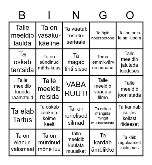 Tutvumisbingo Card