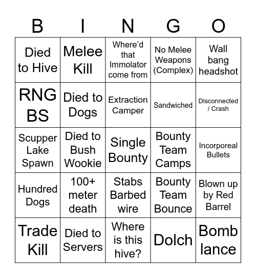 Hunt: Showdown Bingo Card