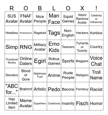Ultimate Roblox Bingo Card