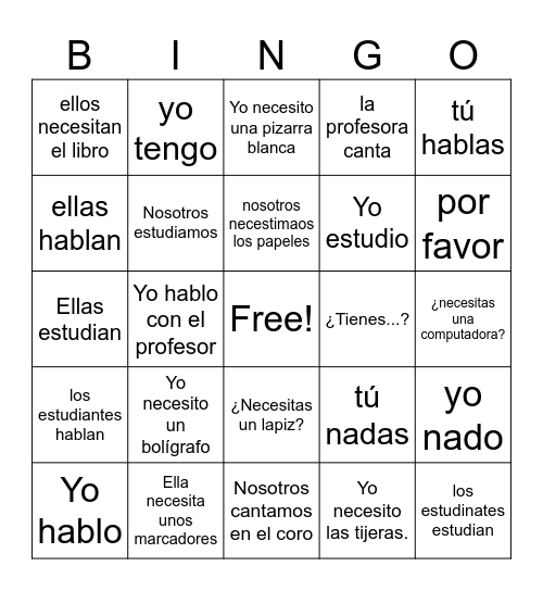 AR VERB PRESENT TENSE/En la clase Bingo Card