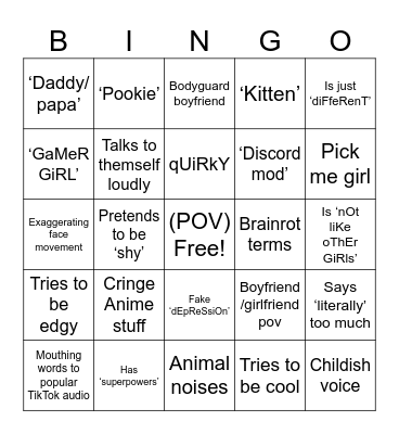 Cringe TikTok POVs Bingo Card