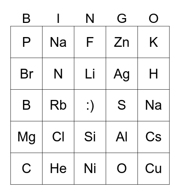 Periodic Table Bingo (First 20 elements) Bingo Card