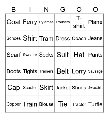 CLOTHES & OTHER WORDS Bingo Card