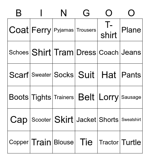 CLOTHES & OTHER WORDS Bingo Card