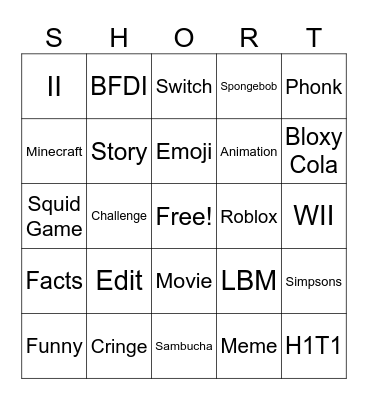 Shorts Bingo Card