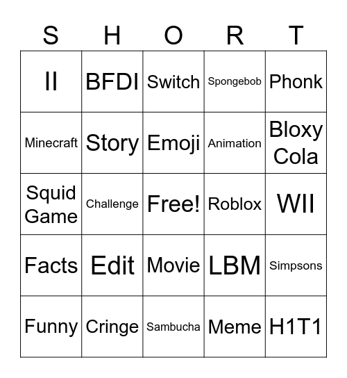 Shorts Bingo Card