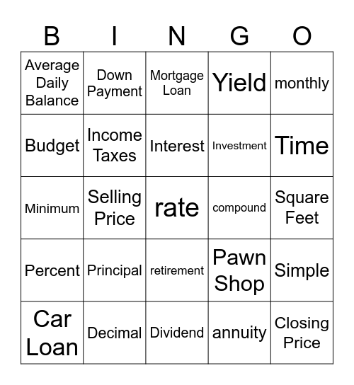 MGF1131 Financial Math A Bingo Card