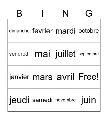 Les mois et les jours Bingo Card
