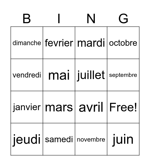 Les mois et les jours Bingo Card