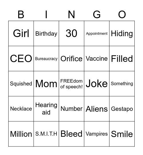 Famous Lines from Infamous Patients Bingo Card