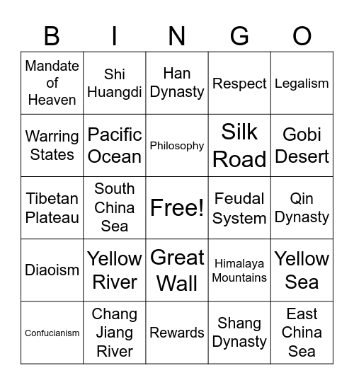 China Bingo Card