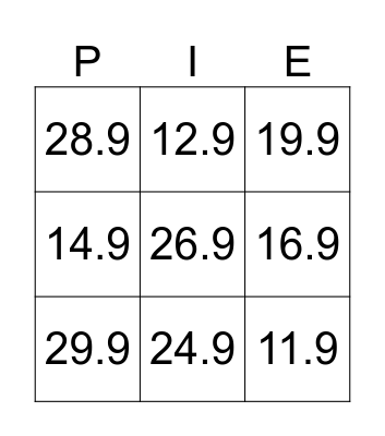 PI DAY Bingo Card