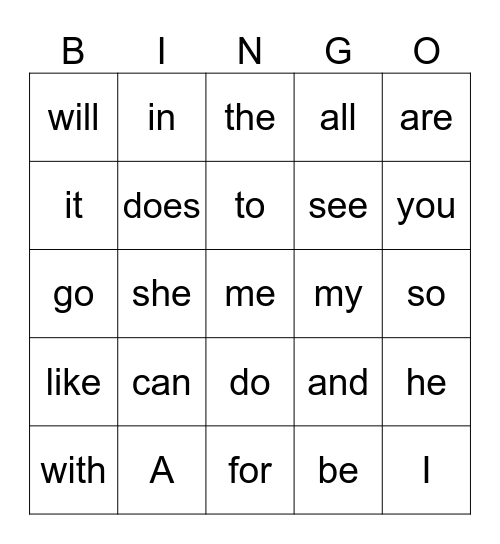Sight Word Bingo Card