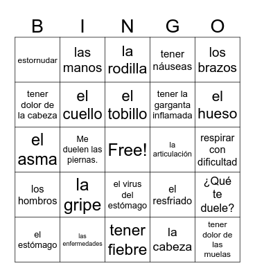 4.2 Las partes del cuerpo / doler / síntomas / enfermedades Bingo Card