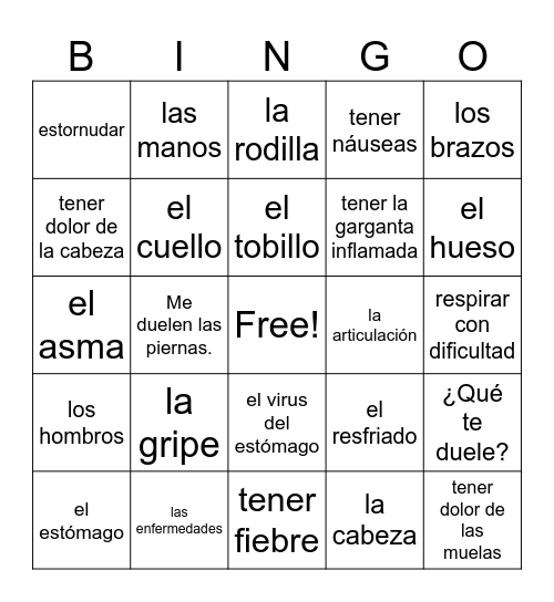 4.2 Las partes del cuerpo / doler / síntomas / enfermedades Bingo Card