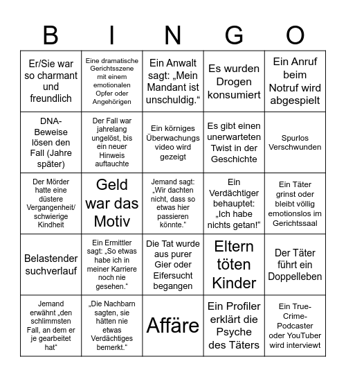 True Crime Bingo Card