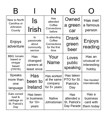 Coffee Connections - St. Patrick's Day Bingo Card