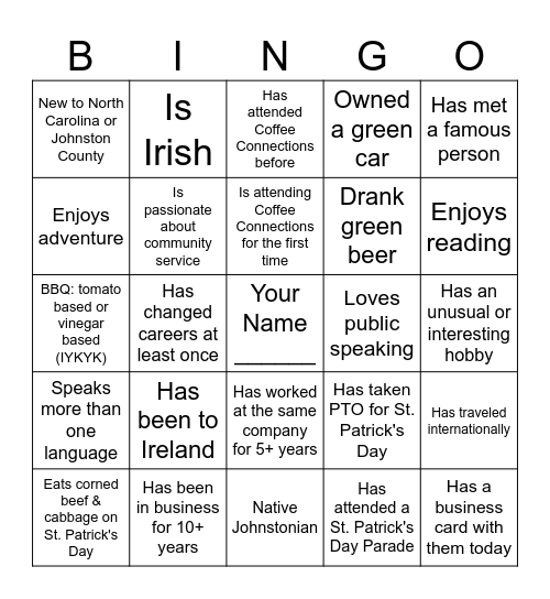 Coffee Connections - St. Patrick's Day Bingo Card
